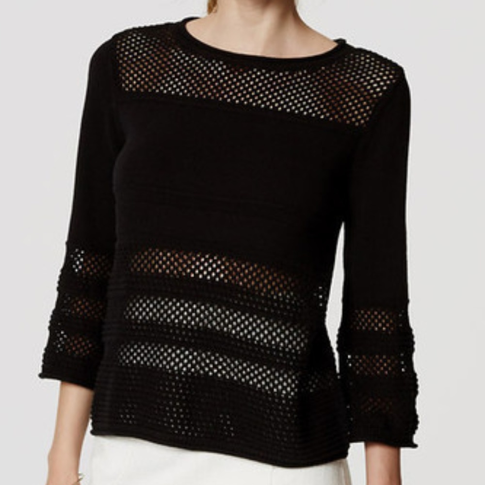 LOFT Black Crochet Striped Sweater